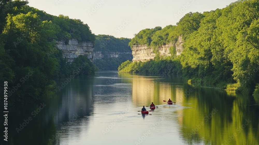 Enjoying a serene kayak journey along the tranquil Kankakee River surrounded by lush greenery and towering cliffs in early morning light Enjoying a serene kayak journey along the tranquil Kankakee River surrounded by lush greenery and towering cliffs in early morning light