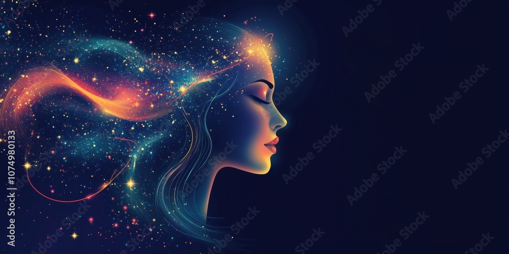 Naklejka premium Cosmic woman silhouette with starry hair, vibrant colors, ethereal beauty