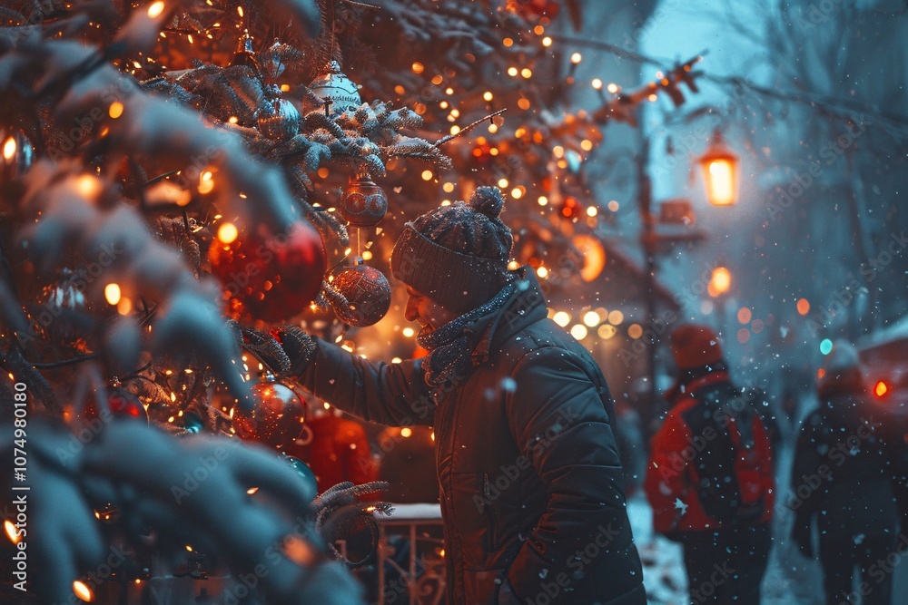 During a snowfall, an individual places ornaments on a beautifully adorned Christmas tree, surrounded by warm lights and a festive atmosphere, highlighting the joy of the holiday season During a snowfall, an individual places ornaments on a beautifully adorned Christmas tree, surrounded by warm lights and a festive atmosphere, highlighting the joy of the holiday season