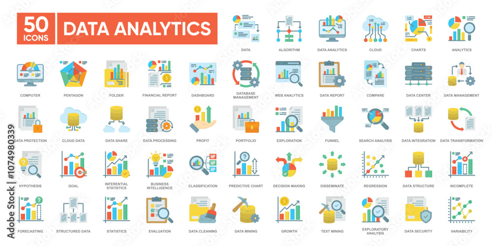 Data analytics icon set. Editable stroke illustration. Vector ui and web icon.