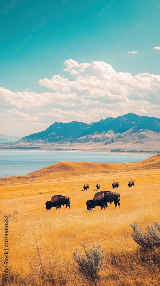 Obraz premium Bison grazing in golden grasslands with stunning mountain and lake views in the late afternoon sun
