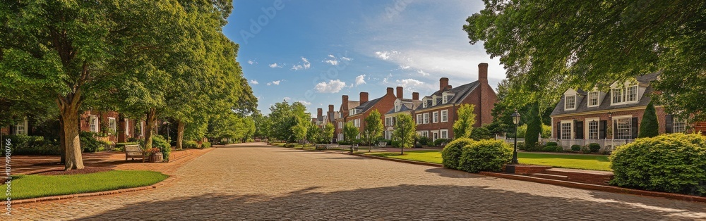 Fototapeta premium A tranquil afternoon in a historic town with charming architecture and tree-lined streets