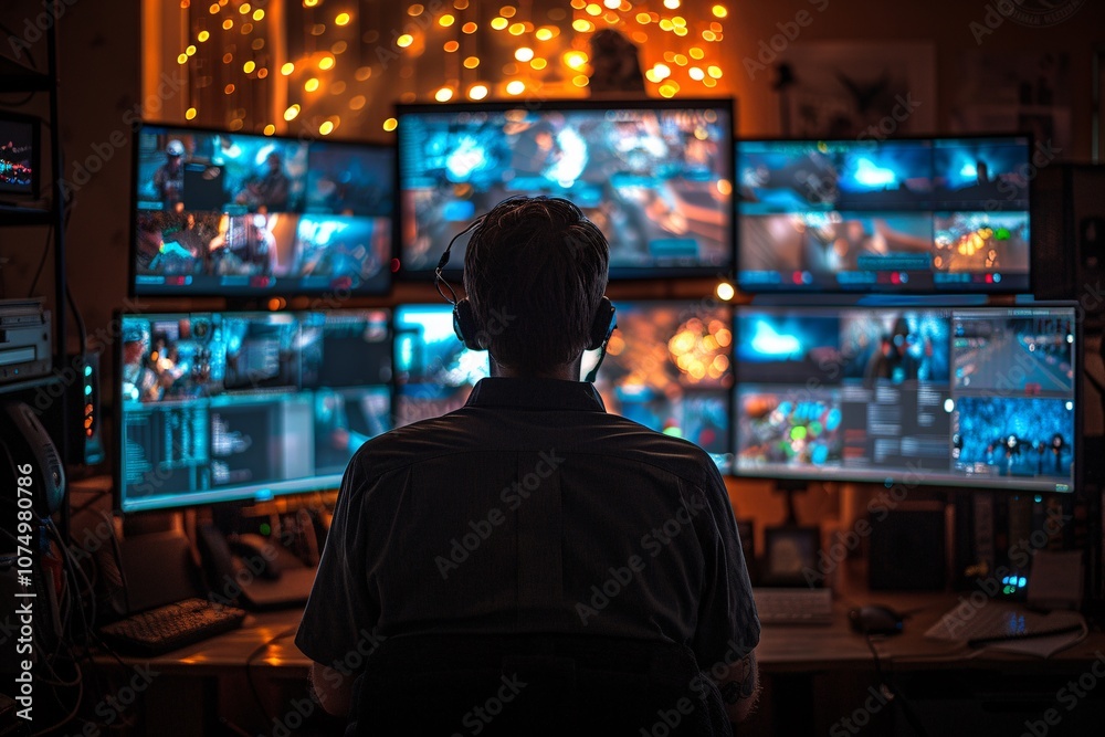 In a cozy workspace, an individual focuses on several computer screens displaying vibrant graphics and data. The room is softly illuminated by decorative lights, creating an inviting ambiance In a cozy workspace, an individual focuses on several computer screens displaying vibrant graphics and data. The room is softly illuminated by decorative lights, creating an inviting ambiance