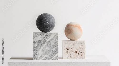 A Study in Balance and Contrast: Two Spheres on Marble and Porous Stone Pedestals. Explore themes of minimalism, form, and texture in this modern still life composition.