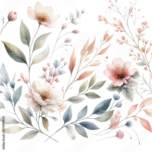 Delicate watercolor floral leaves and stems with soft pastel blooms vector
