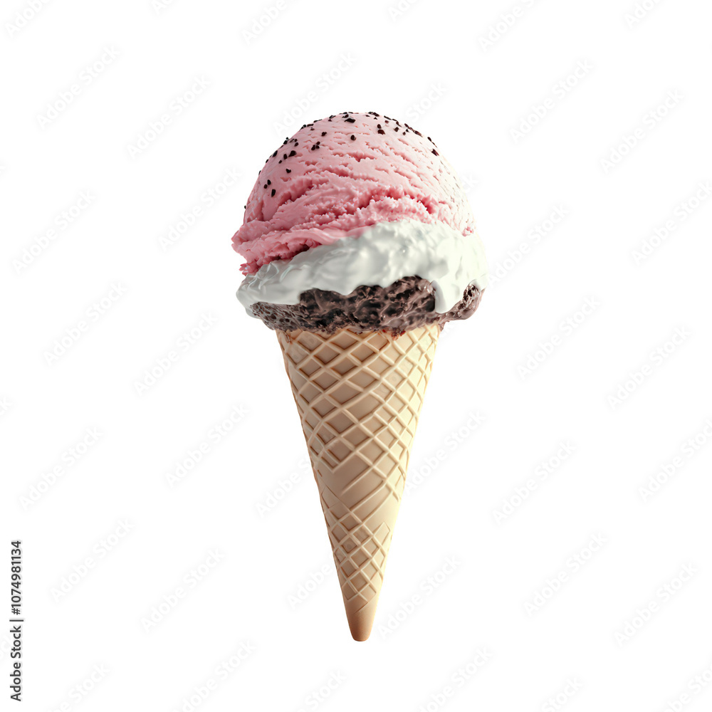 Triple Scoop Delight: A tempting ice cream cone, overflowing with three scoops of pink, white, and chocolate ice cream, ready to satisfy your sweet cravings. Triple Scoop Delight: A tempting ice cream cone, overflowing with three scoops of pink, white, and chocolate ice cream, ready to satisfy your sweet cravings.