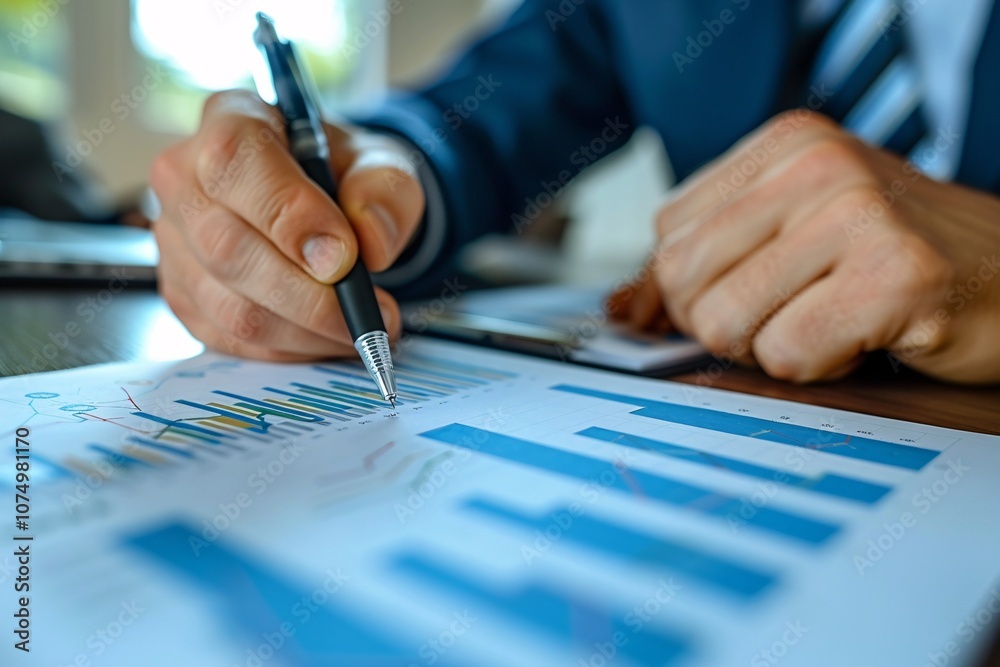 A person in formal attire focuses on data analysis, using a pen to mark insights on various business charts and graphs, highlighting important trends and figures in a bright office A person in formal attire focuses on data analysis, using a pen to mark insights on various business charts and graphs, highlighting important trends and figures in a bright office