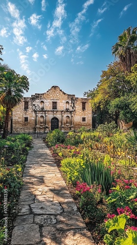 A vibrant garden path leading to the historic Alamo under a clear blue sky in San Antonio, Texas, during a sunny day