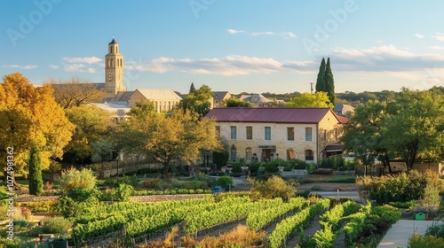 Fototapeta Naklejka Na Ścianę i Meble -  Charming town of Fredericksburg featuring vineyards and historic buildings under a clear blue sky
