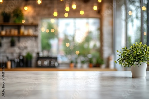 Empty wooden countertop with a blurred background of a cafe.