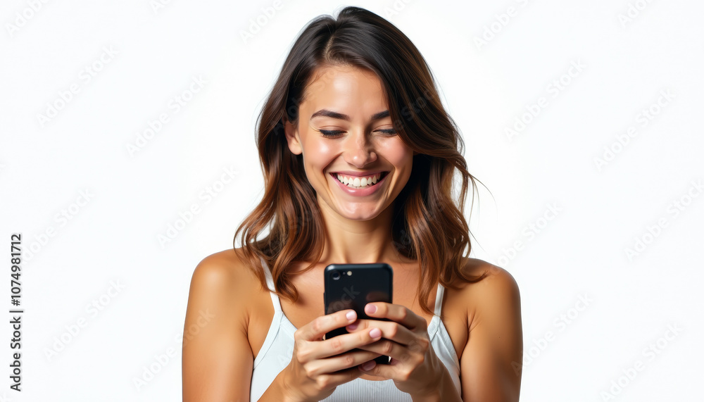 Woman Smiling and Using Phone Woman Smiling and Using Phone
