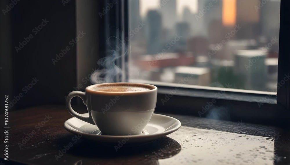 Fototapeta premium A steaming hot cup of coffee on a rainy day, with a blurred cityscape visible through the window