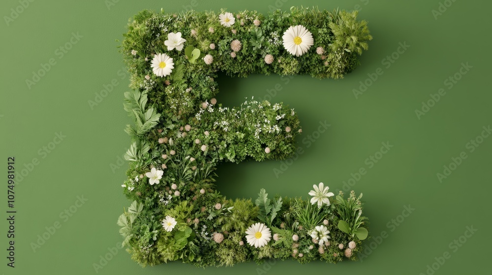 A flower field viewed from above forming the letter E, a mix of wildflowers creating a clear E shape, soft light casting natural shadows, Photorealistic A flower field viewed from above forming the letter E, a mix of wildflowers creating a clear E shape, soft light casting natural shadows, Photorealistic
