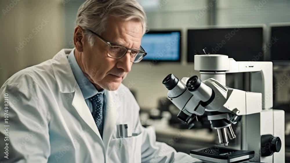 A senior male research scientist is actively conducting experiments using an electron microscope in a state-of-the-art laboratory A senior male research scientist is actively conducting experiments using an electron microscope in a state-of-the-art laboratory