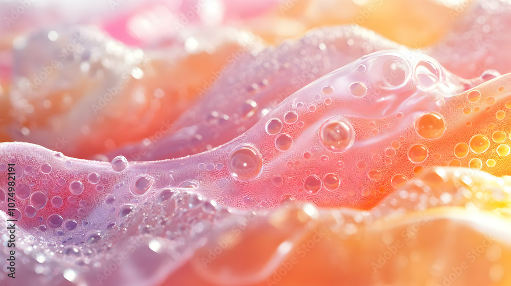 Soft bubbles float on colorful liquid waves, creating a vibrant and playful visual experience in this close-up image. Soft bubbles float on colorful liquid waves, creating a vibrant and playful visual experience in this close-up image.