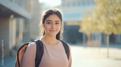 A young woman wearing a pink shirt and a backpack is smiling for the camera Free Download A young woman wearing a pink shirt and a backpack is smiling for the camera - GFXLoad