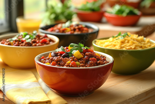 Deliciously prepared chili dishes with fresh ingredients served in colorful bowls on a wooden table in a cozy kitchen setting. Generative AI