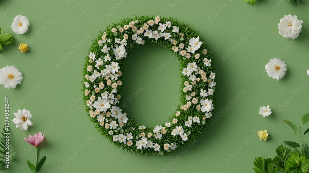 A top-down view of a flower field forming the letter O, a mix of vibrant colors and soft sunlight, Photorealistic