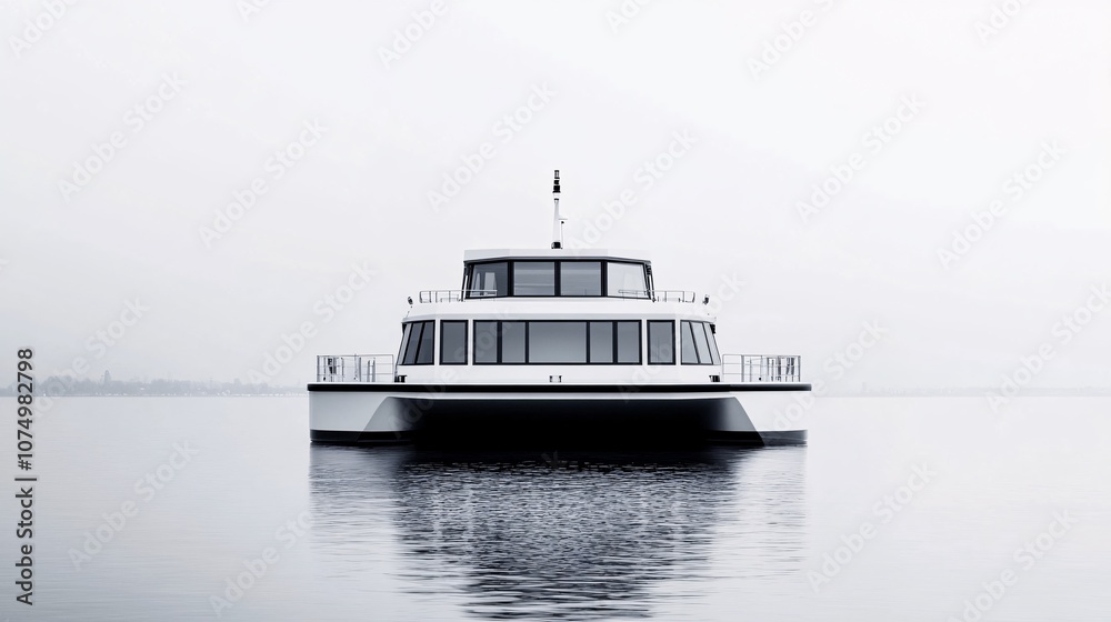 Serene Voyage: A Modern Ferry on Tranquil Waters - Minimalist Photography of Passenger Ship on a Misty Lake Serene Voyage: A Modern Ferry on Tranquil Waters - Minimalist Photography of Passenger Ship on a Misty Lake