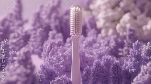 Stylish lavender toothbrush surrounded by floral elements for a fresh and vibrant aesthetic. photo