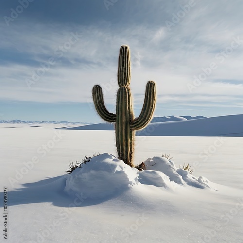 A lone cactus thriving in the middle of a vast, desolate snow-covered landscape photo