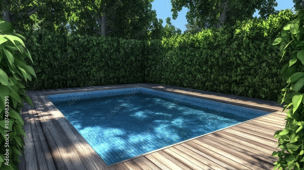 3D-rendered view of a swimming pool with sleek wooden decking, surrounded by dense, green bush fencing for added privacy 3D-rendered view of a swimming pool with sleek wooden decking, surrounded by dense, green bush fencing for added privacy
