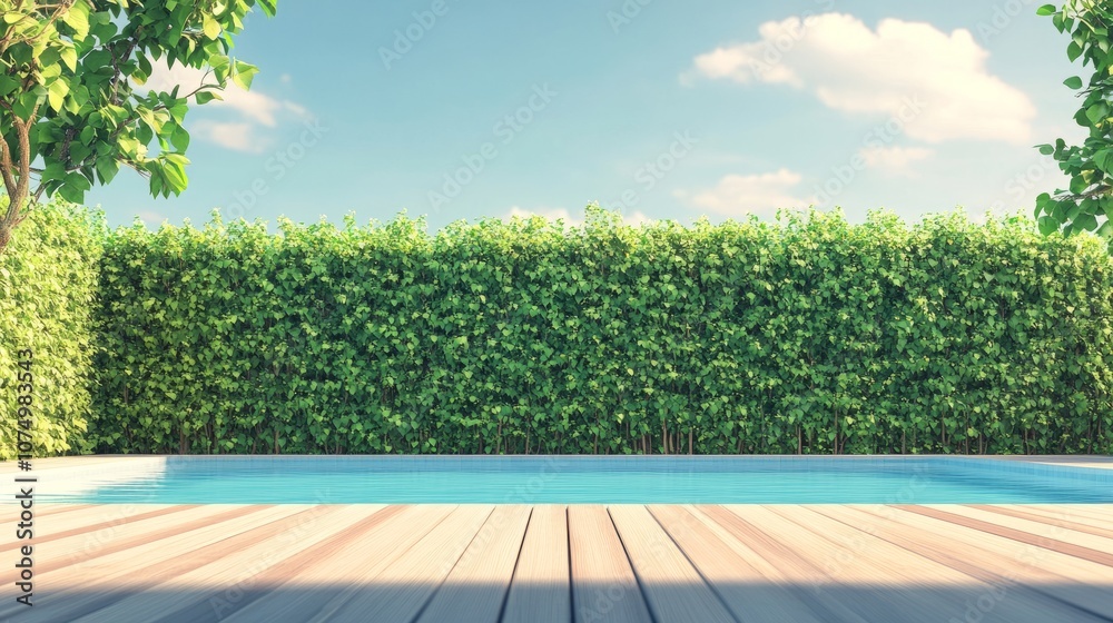 A serene poolside scene featuring a clean wooden deck and tall green bush fence, perfect for a private oasis in this 3D illustration A serene poolside scene featuring a clean wooden deck and tall green bush fence, perfect for a private oasis in this 3D illustration