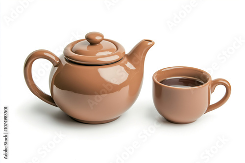 A warm brown teapot and cup set on a white background perfect for tea lovers and cozy moments. Generative AI