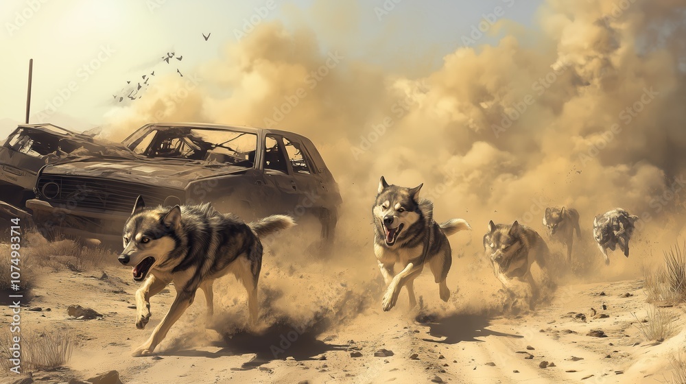 Naklejka premium Pack of wolves running fiercely in desert with abandoned cars in background