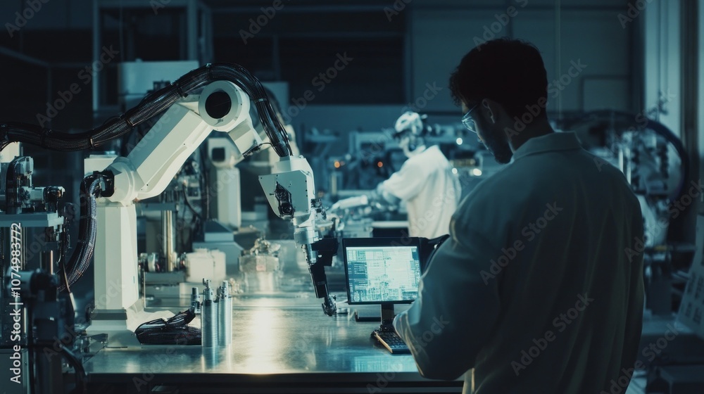 A man is working on a robot in a factory A man is working on a robot in a factory