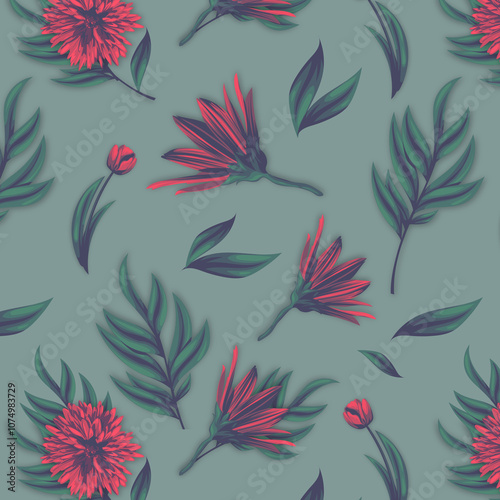 Abstract flower blooming design. Pattern with floral . Grunge textured abstract art with flower and plants in watercolor style