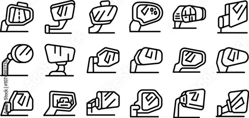 Side rear view mirror icons set. Set of simple outlined icons of car and motorcycle rearview and side mirrors, reflecting road, blind spots and warning signs