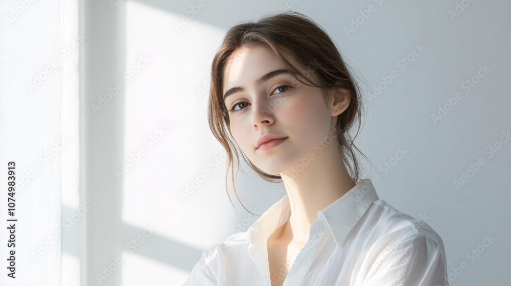 Portrait of a beautiful brunette woman with a white professional shirt looking at the camera. Portrait of a beautiful brunette woman with a white professional shirt looking at the camera.