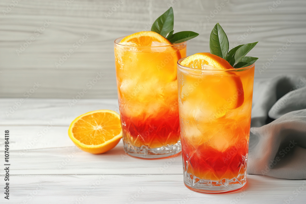 Fototapeta premium Refreshing citrus drinks garnished with orange slices and leaves placed on a wooden surface with a soft cloth nearby. Generative AI