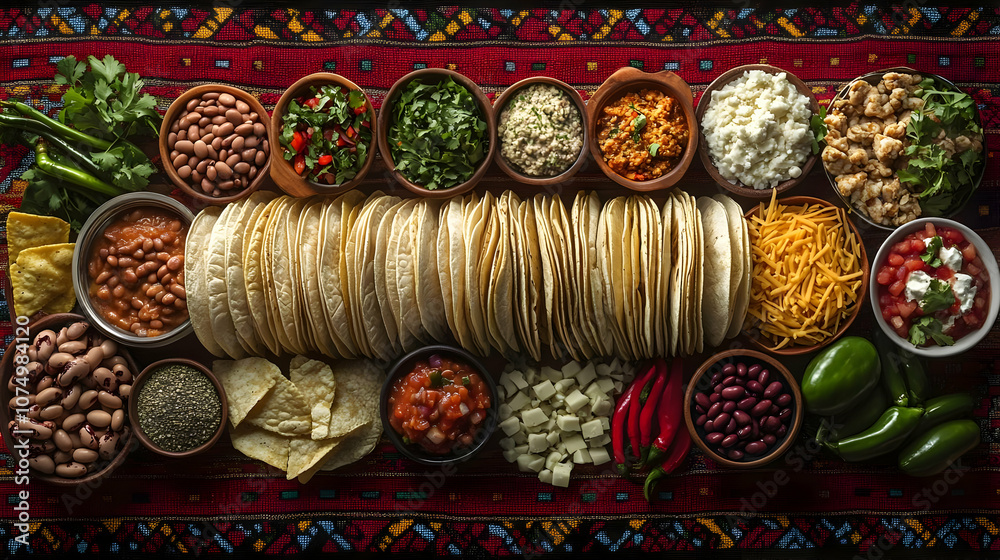 Vibrant spread of fresh ingredients for tacos, including tortillas, beans, and various toppings on a colorful cloth. Vibrant spread of fresh ingredients for tacos, including tortillas, beans, and various toppings on a colorful cloth.