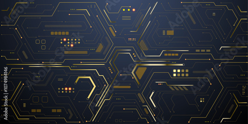 Abstract electronics technology background. Golden circuit lines, computer motherboard elements on a dark tech bg. Luxury circuit pattern. Ai chip, semiconductor concept. Digital vector illustration.