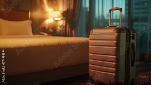 Cozy hotel room featuring a neatly placed travel suitcase next to a well-made bed in a luxurious setting with warm lighting and elegant decor.