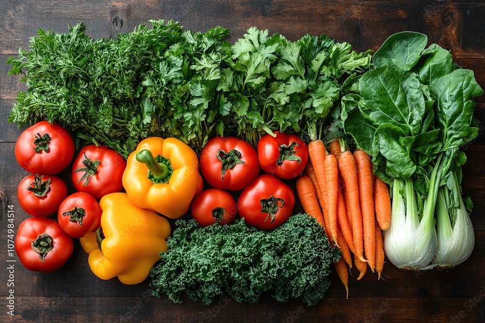 An overhead shot of an assortment of fresh organic vegetables and herbs laid out on a rustic wooden table.