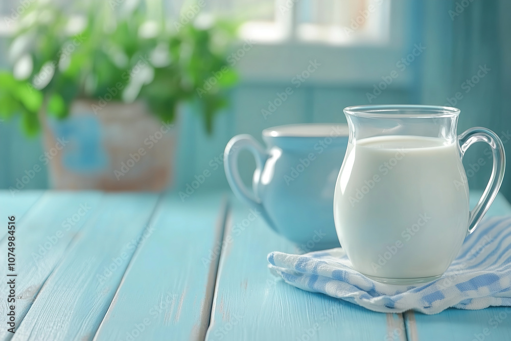 A glass pitcher of fresh milk on a blue wooden table by a window with a potted plant in the background during the daytime. Generative AI A glass pitcher of fresh milk on a blue wooden table by a window with a potted plant in the background during the daytime. Generative AI
