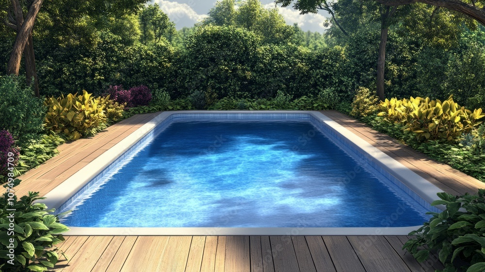 Modern swimming pool with smooth wooden decking, surrounded by lush, well-manicured bushes, offering privacy in this 3D illustration