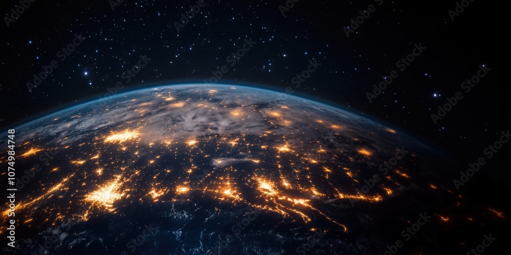 Obraz premium Earth illuminated at night, showcasing city lights and natural features