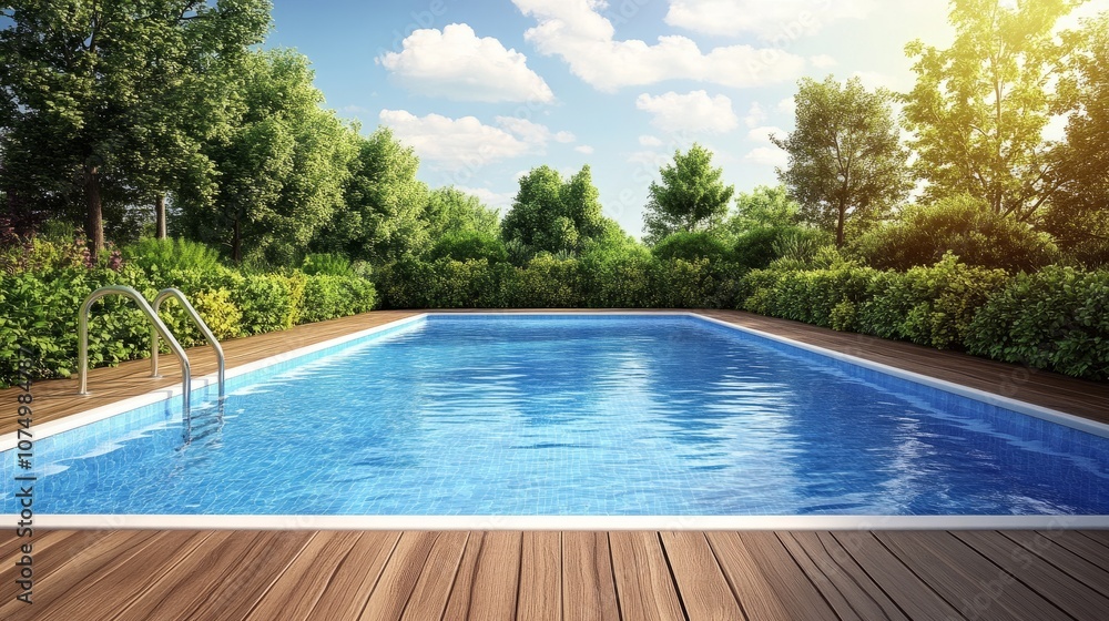 Modern swimming pool with smooth wooden decking, surrounded by lush, well-manicured bushes, offering privacy in this 3D illustration Modern swimming pool with smooth wooden decking, surrounded by lush, well-manicured bushes, offering privacy in this 3D illustration