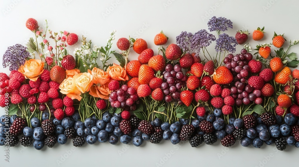 a vibrant mix of wild berries, including strawberries, raspberries, blueberries, and blackberries, artfully cascading against a pure white background, showcasing their freshness and natural beauty a vibrant mix of wild berries, including strawberries, raspberries, blueberries, and blackberries, artfully cascading against a pure white background, showcasing their freshness and natural beauty