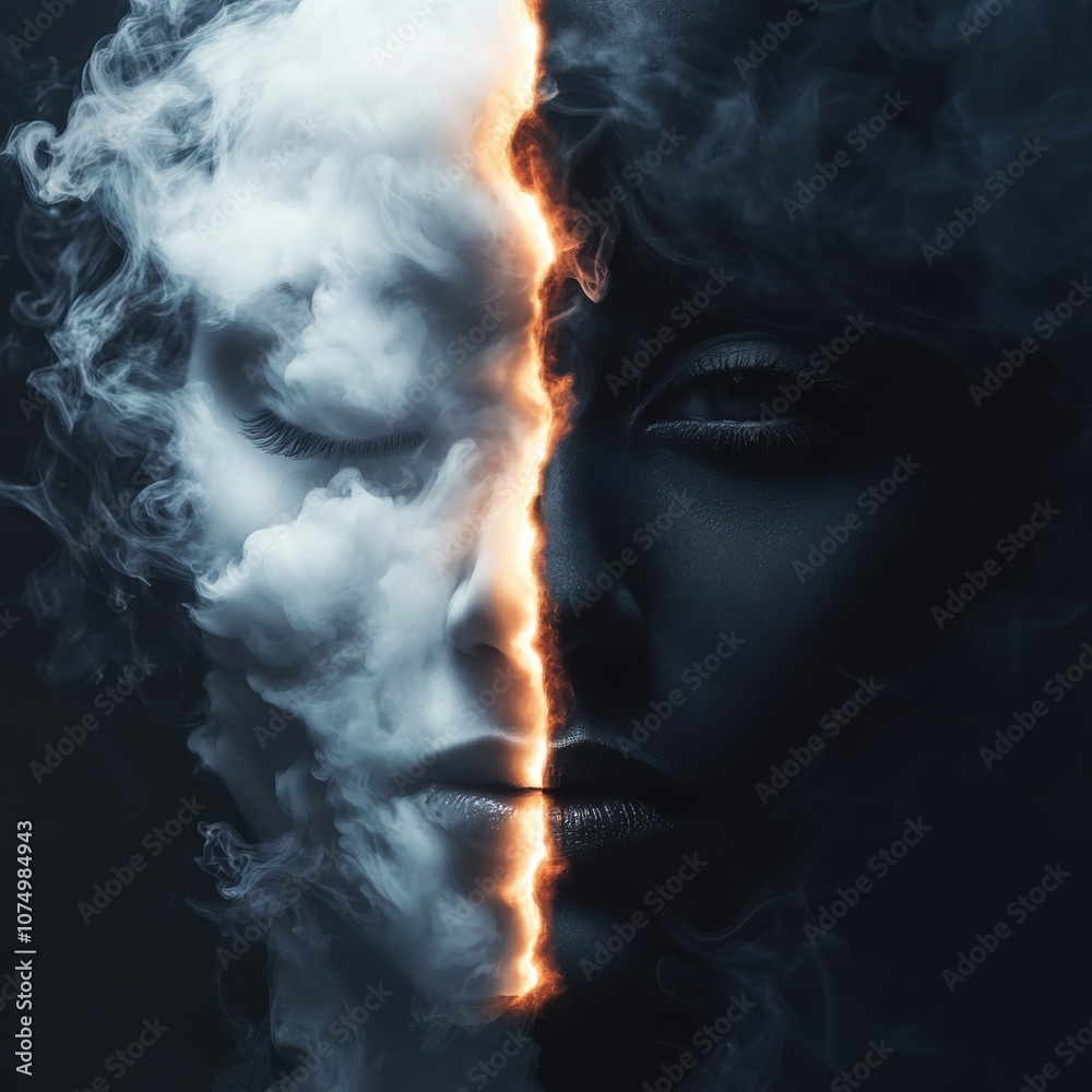 A dramatic close-up of a human face split in half showcasing contrasting light and shadow effects with a smoky texture