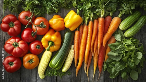 An overhead shot of an assortment of fresh organic vegetables and herbs laid out on a rustic wooden table.