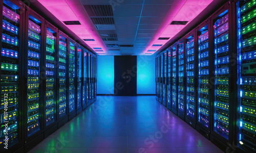 A long hallway with rows of servers in a data center with blue and pink lighting