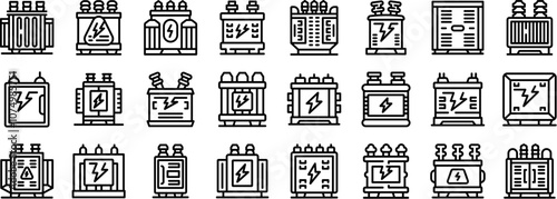 Transformer energy icons set. Set of electric transformer icons depicting various types of power distribution and conversion equipment, essential for electrical grids