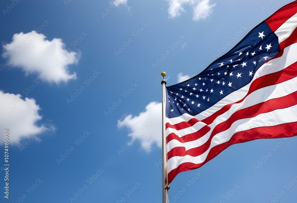 Obraz premium A large American flag waving against a cloudy blue sky