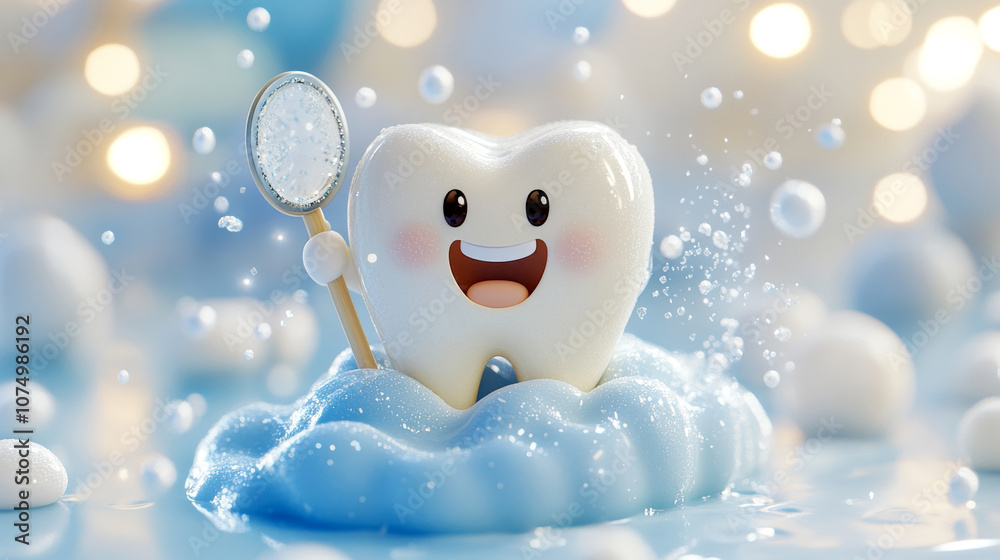 Obraz premium Cheerful cartoon tooth character surrounded by sparkling foam, holding a dental mirror, symbolizing cleanliness and oral care on a bright background