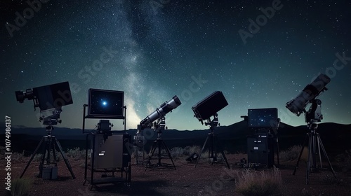 Telescope array at night, capturing the vastness of the cosmos, symbolizing human curiosity and the pursuit of knowledge beyond earthly boundaries.